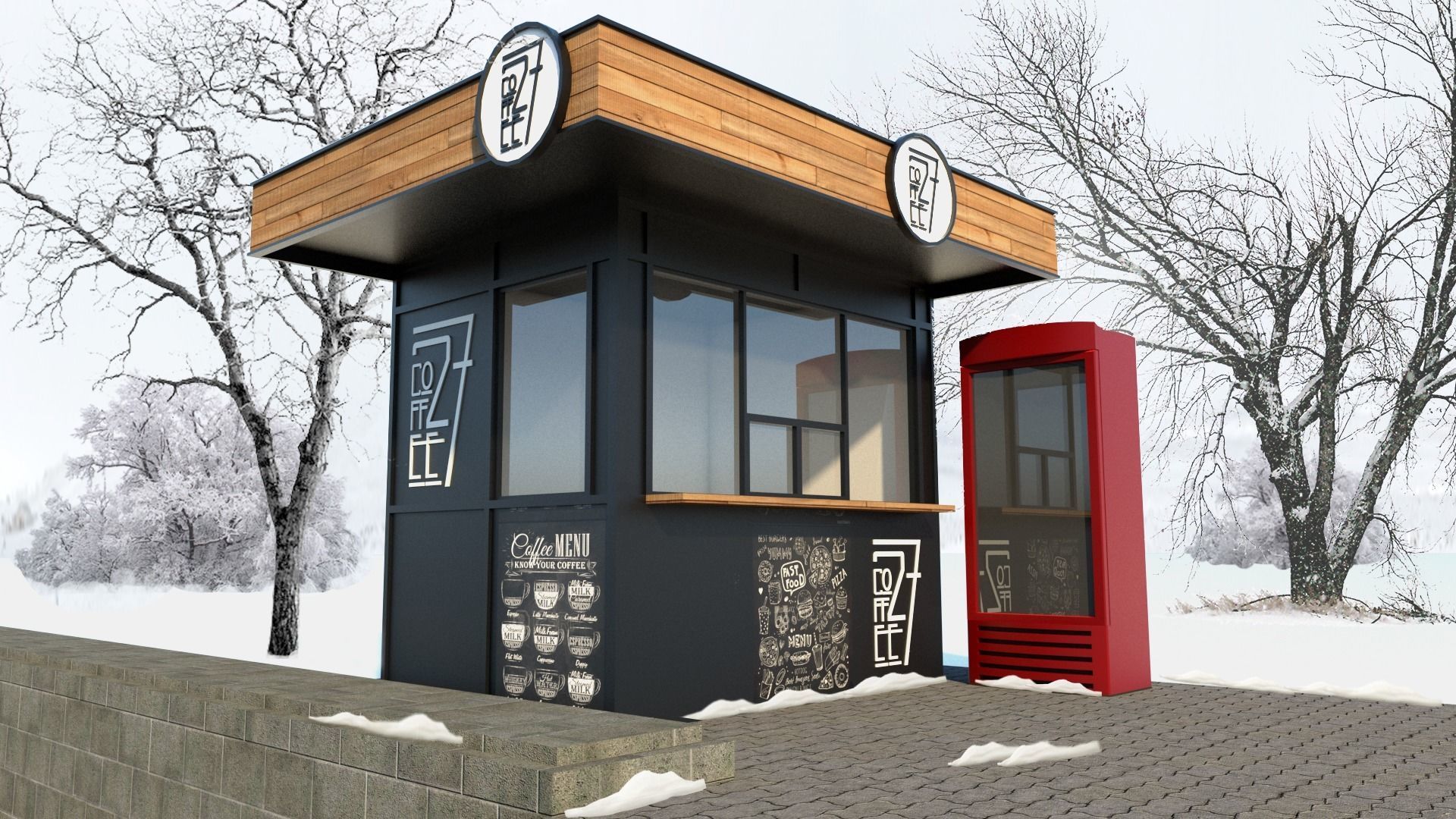 Market coffee shop with phone booth 3D model_7