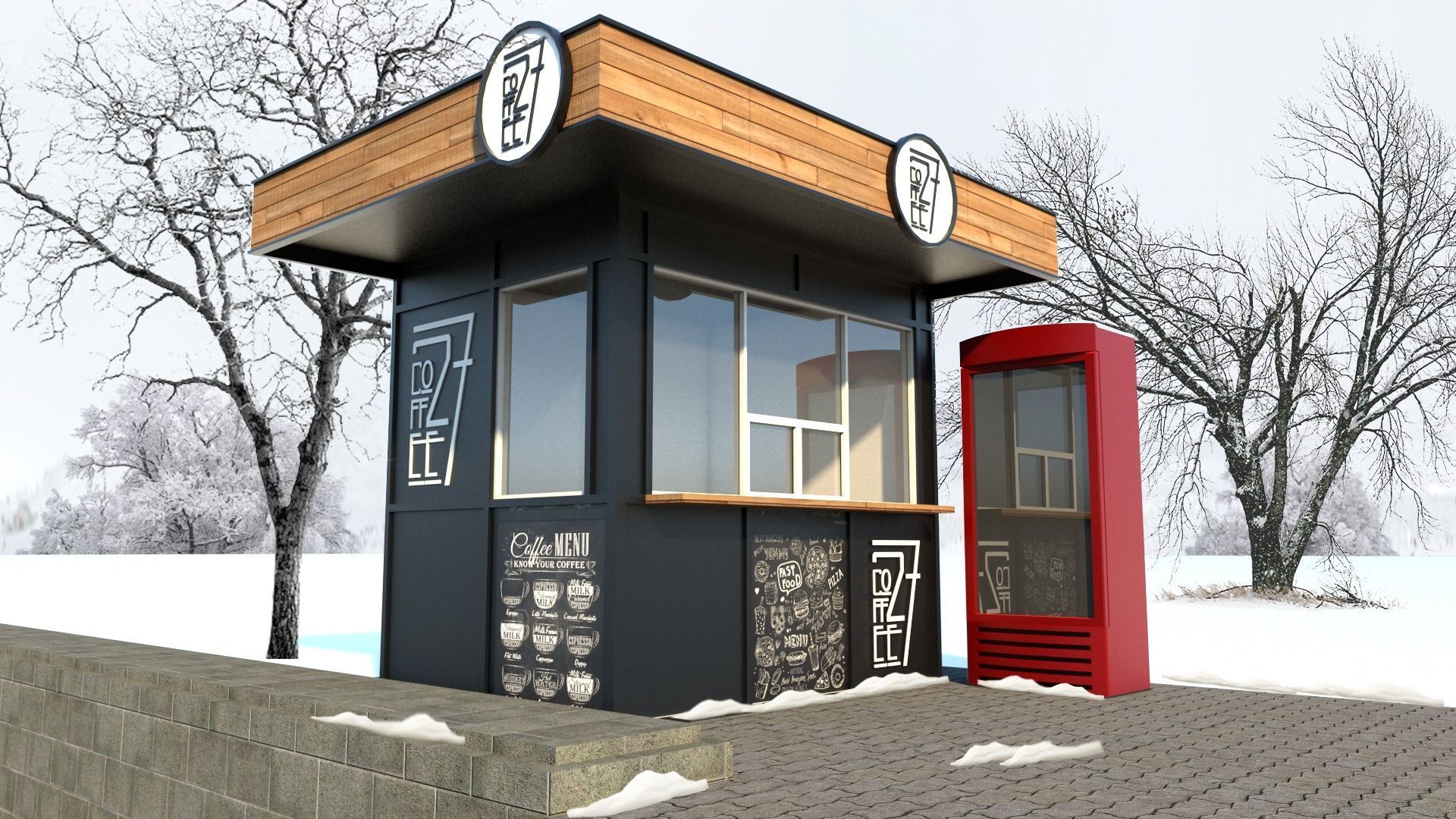 Market coffee shop with phone booth 3D model_11