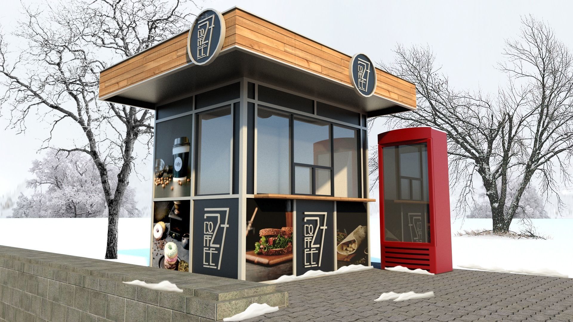 Market coffee shop with phone booth 3D model_6