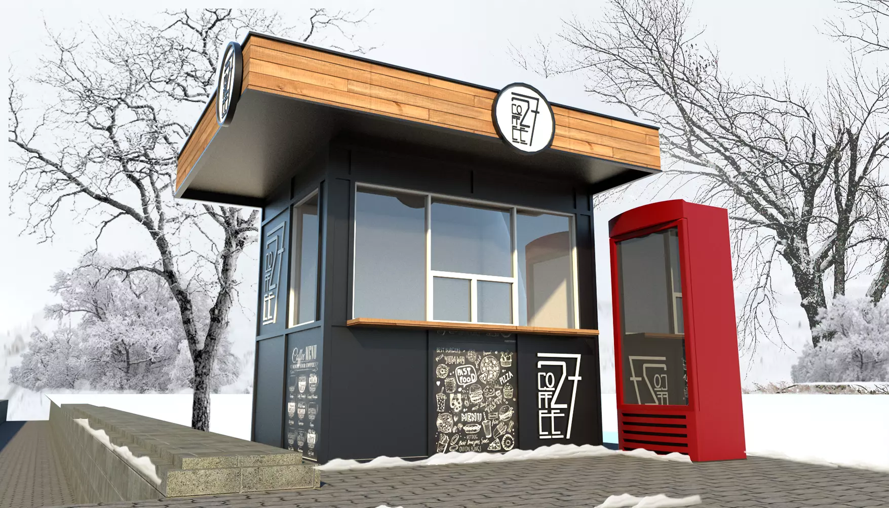 Market coffee shop with phone booth 3D model_0
