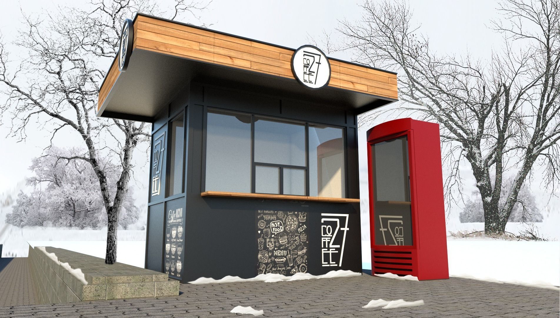 Market coffee shop with phone booth 3D model_2