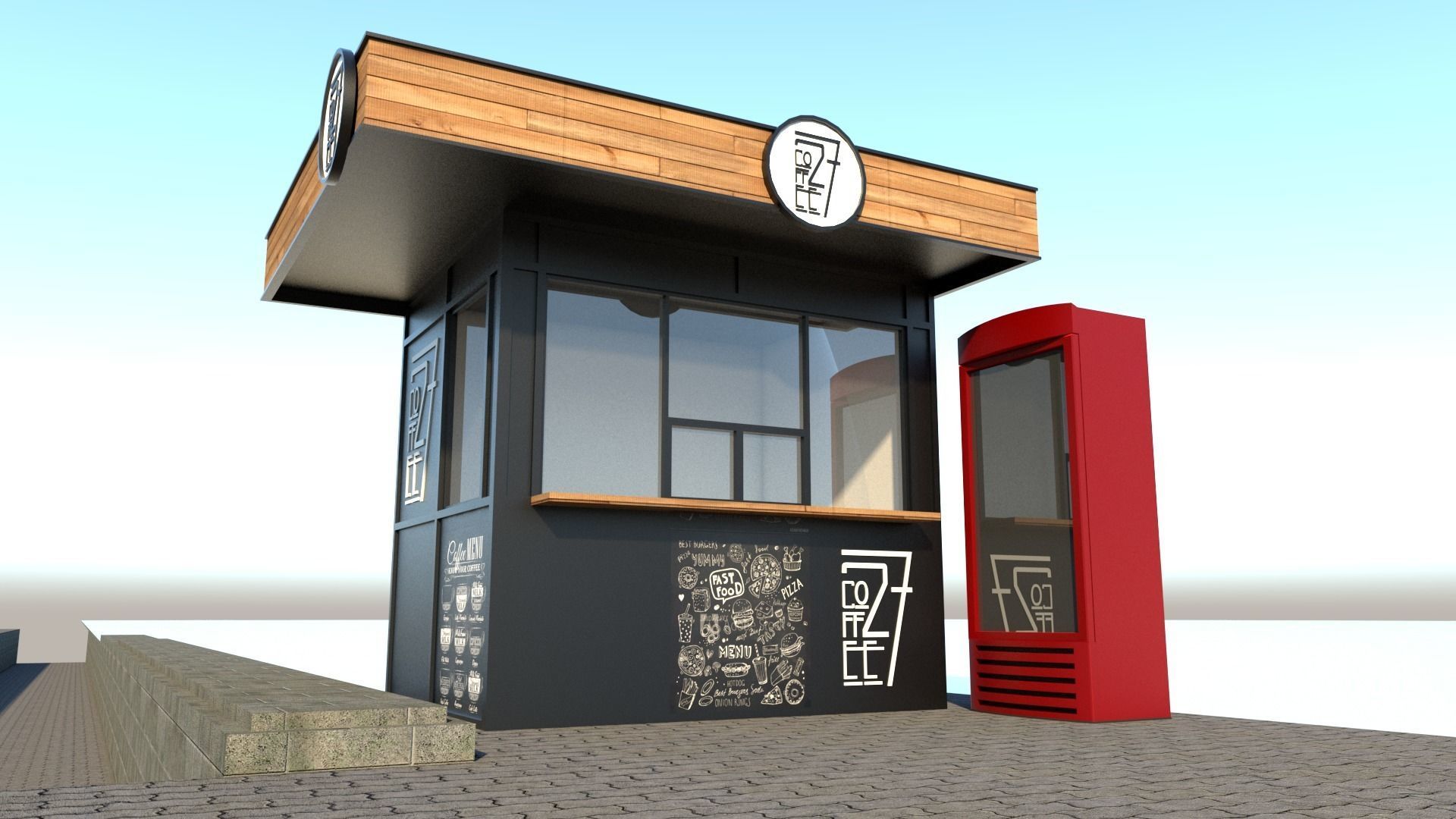 Market coffee shop with phone booth 3D model_1