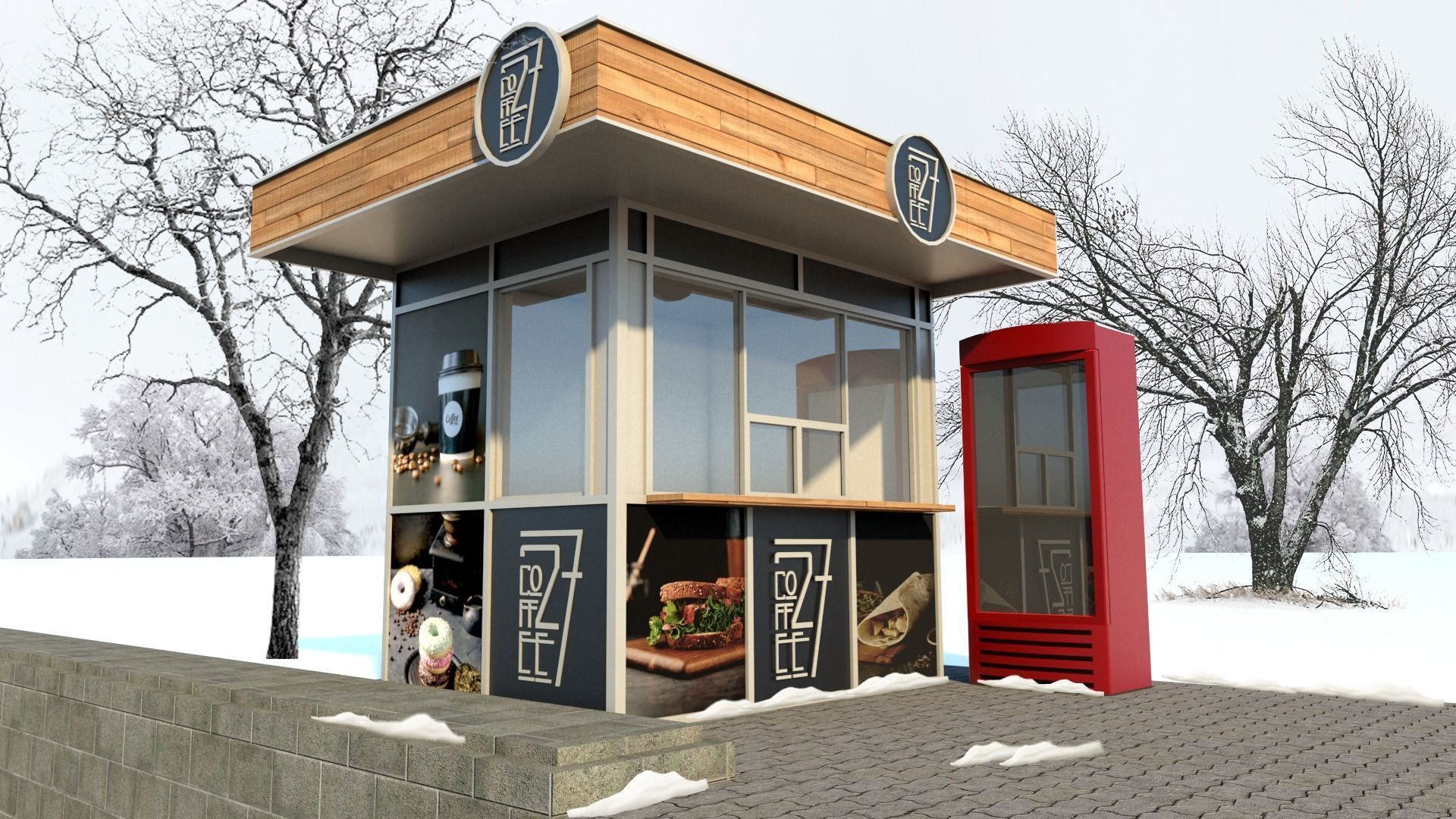 Market coffee shop with phone booth 3D model_9
