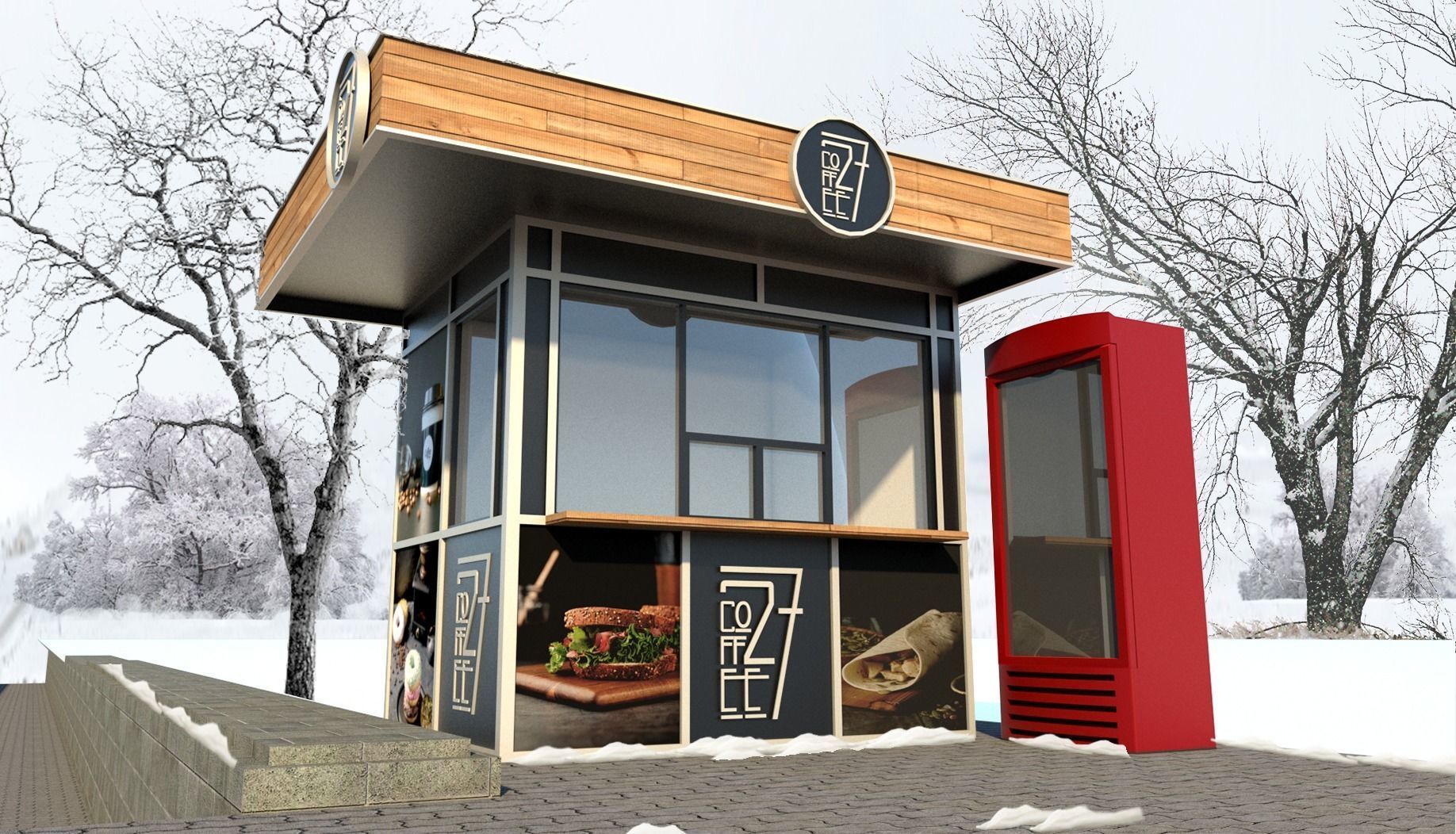Market coffee shop with phone booth 3D model_8