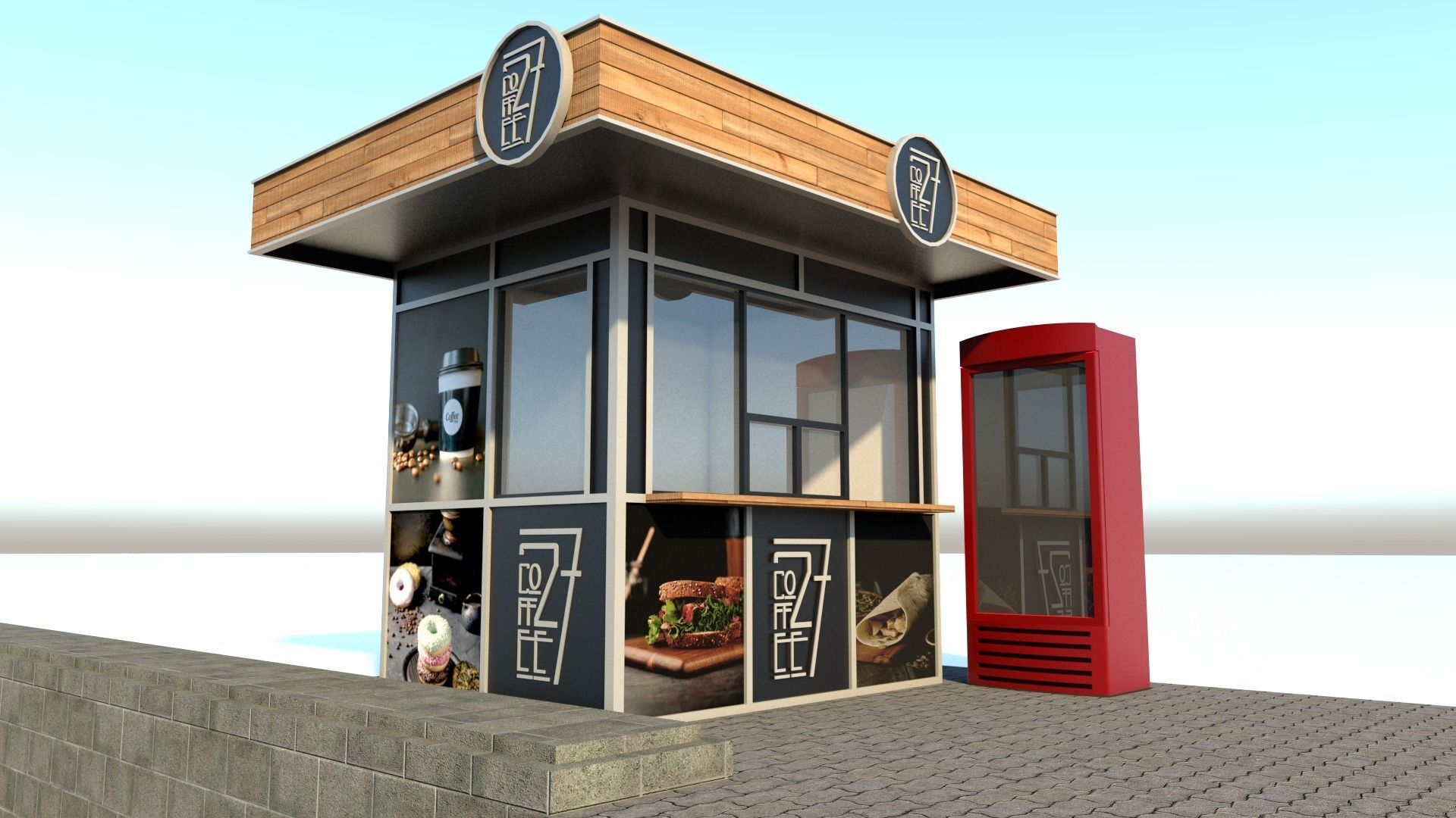 Market coffee shop with phone booth 3D model_3