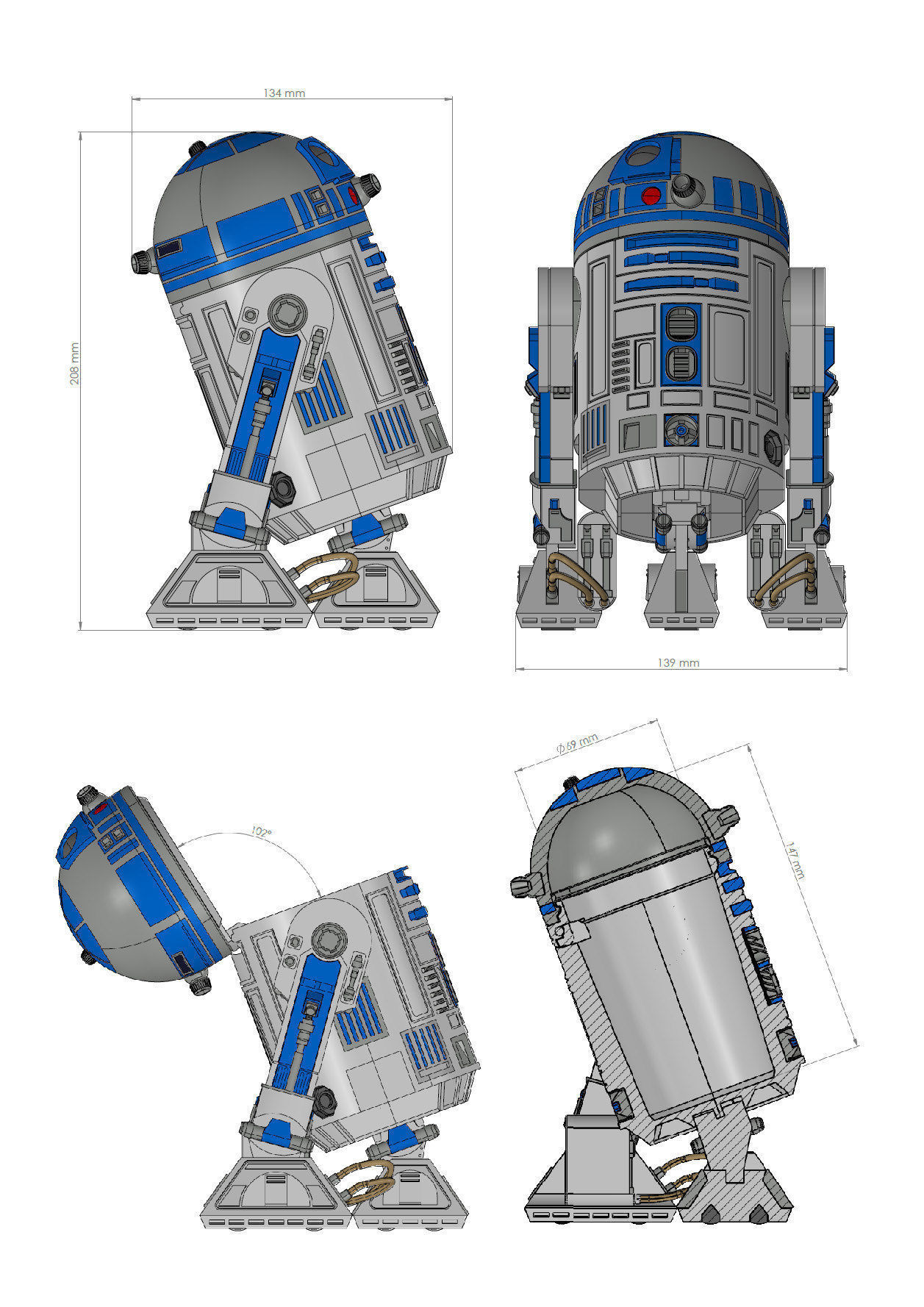 STAR WARS R2D2 detailed printable 360 deg rotating openable head 3D print model_2