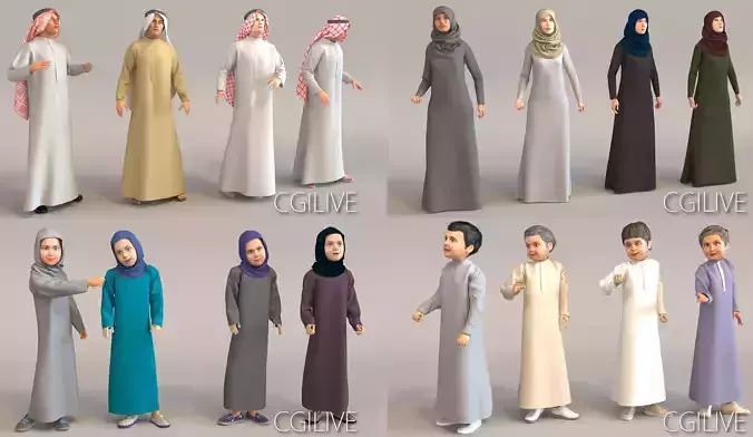 16x Arabic people real cloth simulation loop animated 3D Model Collection
