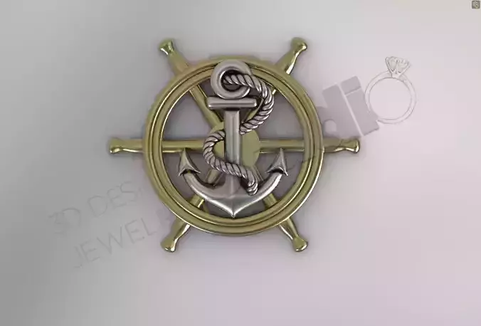 navy wheel and ship anchor with rope around pendant 3d model
