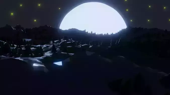 Low Poly Landscape full moon over mountain at night