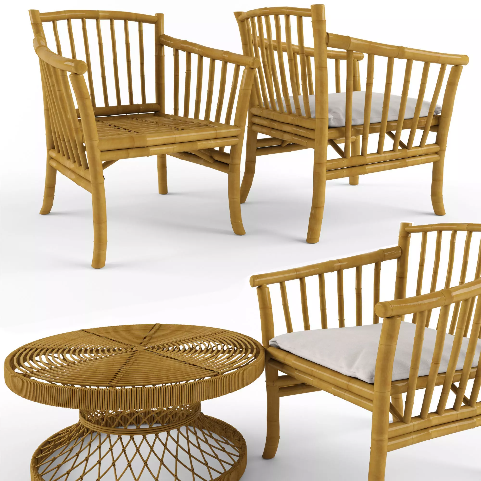 Bamboo coffee table and chair 3D model