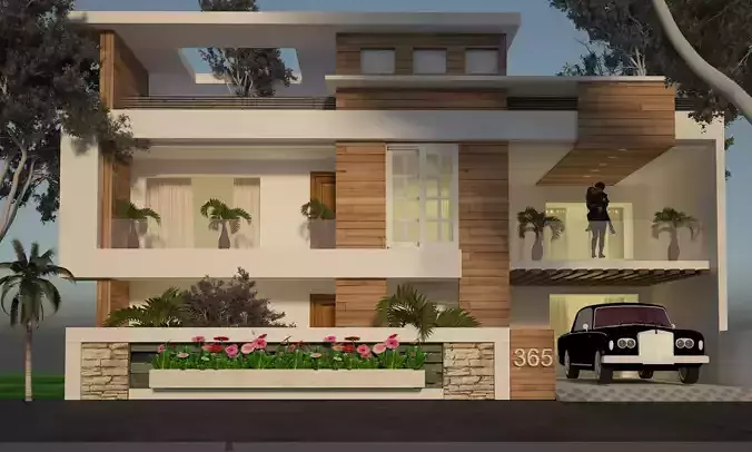 exterior modern house with car parked in front