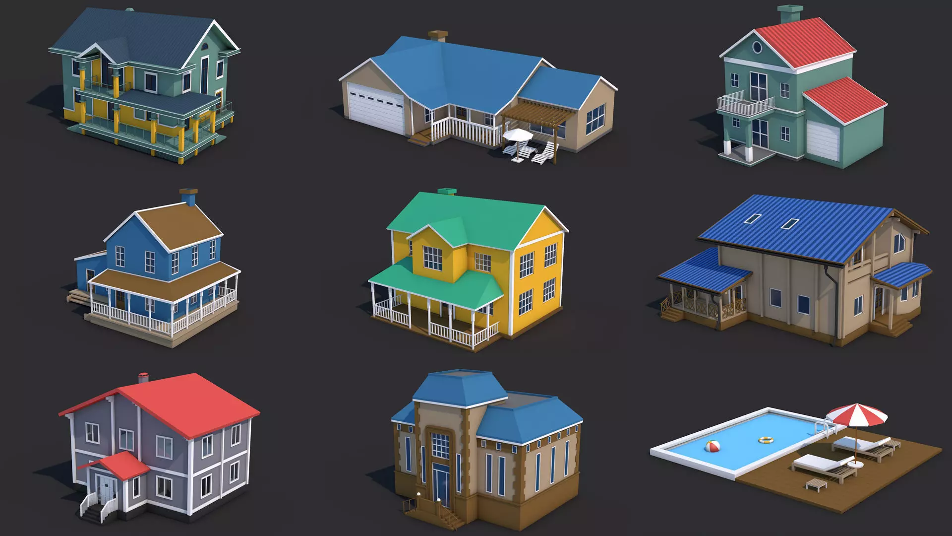8 House Building and Swimming Pool Low-poly 3D model_0