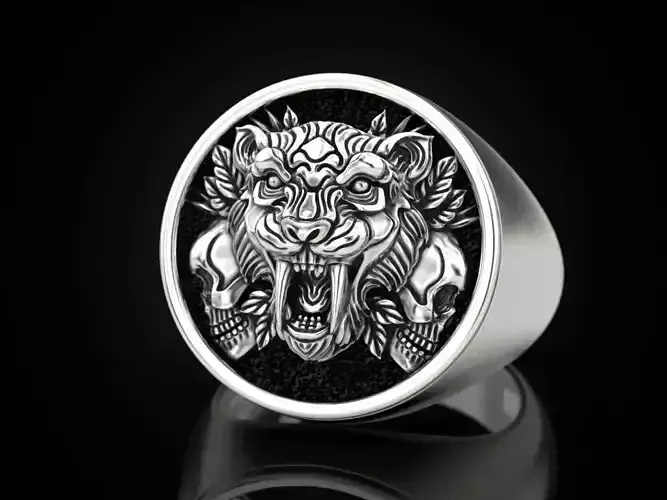 Saber toothed tiger and skull ring