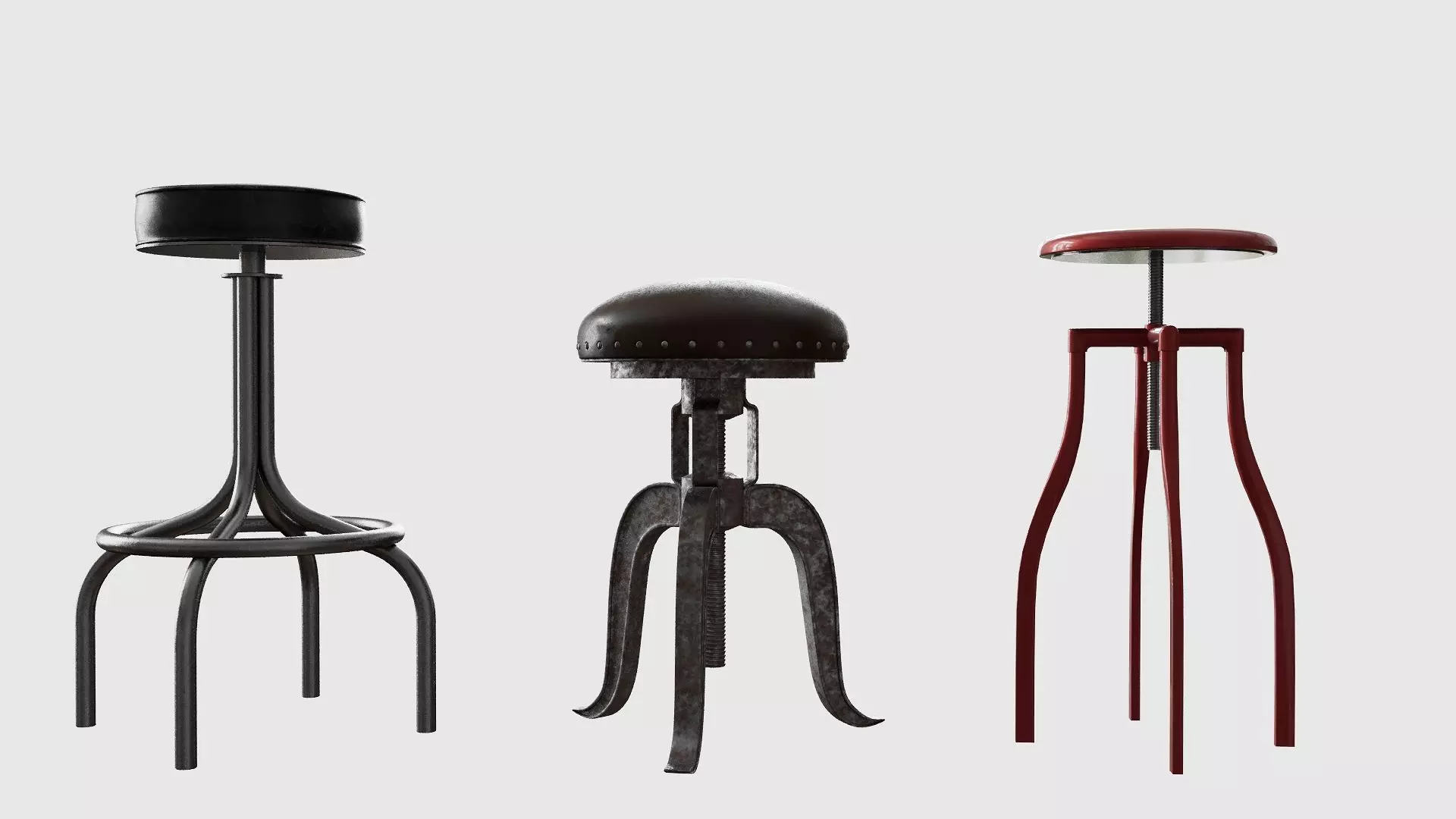 Stool set three metal stools 3D model