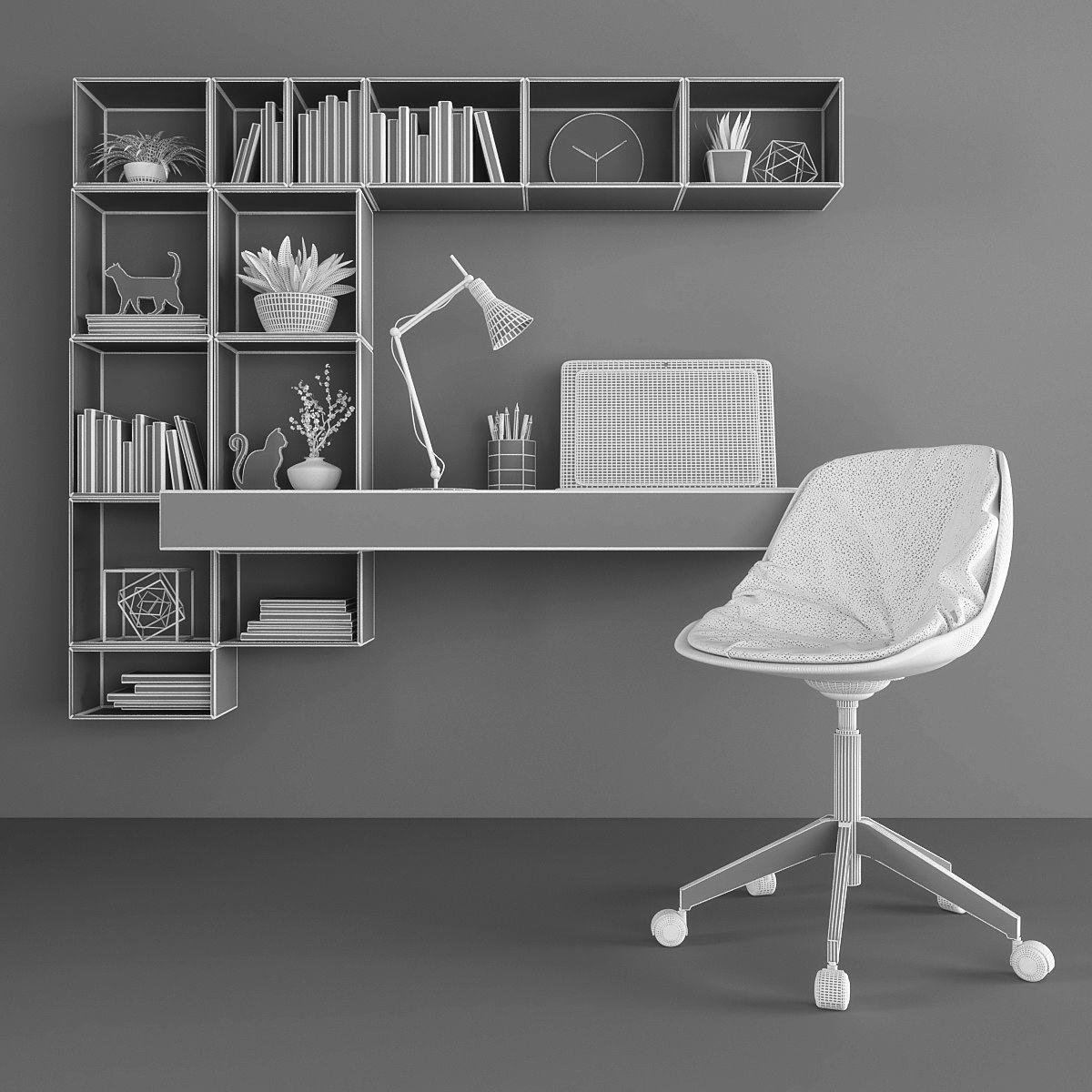 Workplace home office desk with bookshelves and chair Low-poly 3D model_2