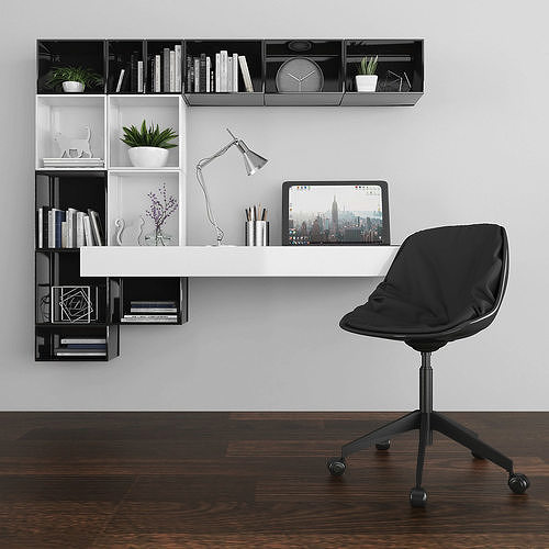 Workplace home office desk with bookshelves and chair Low-poly 3D model