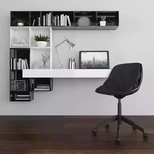 Workplace home office desk with bookshelves and chair Low-poly 3D model