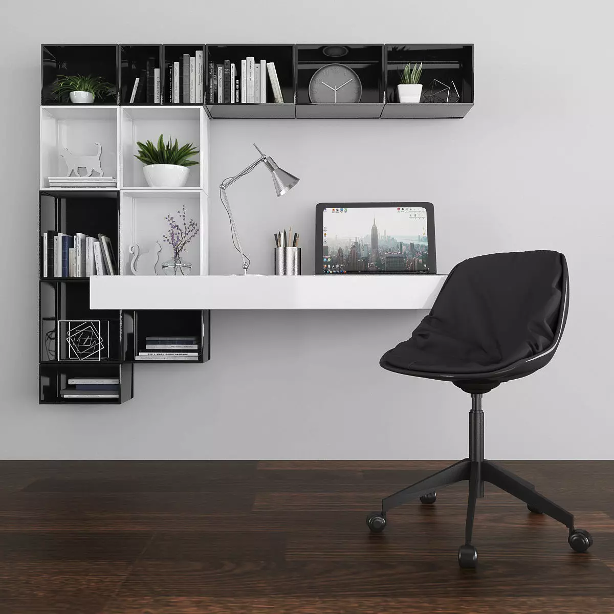 Workplace home office desk with bookshelves and chair Low-poly 3D model_0
