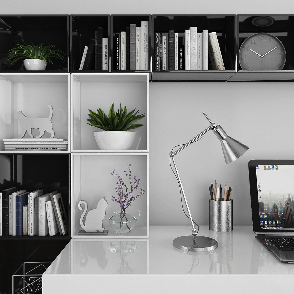 Workplace home office desk with bookshelves and chair Low-poly 3D model_1