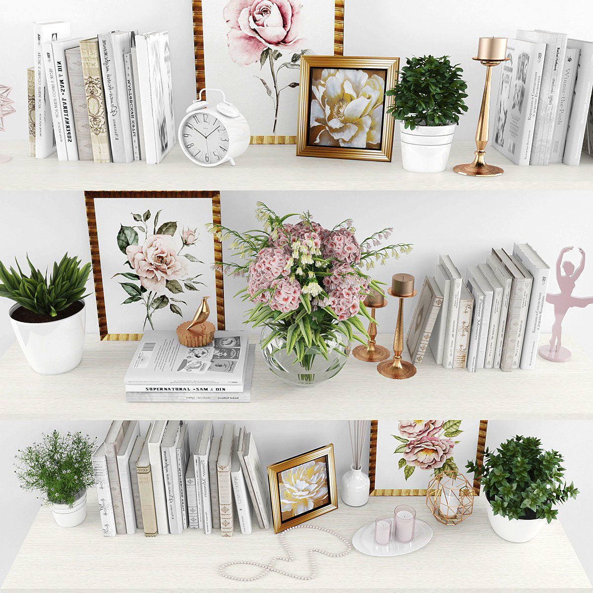 Decorative set shelf with books and flowers Low-poly 3D model_1