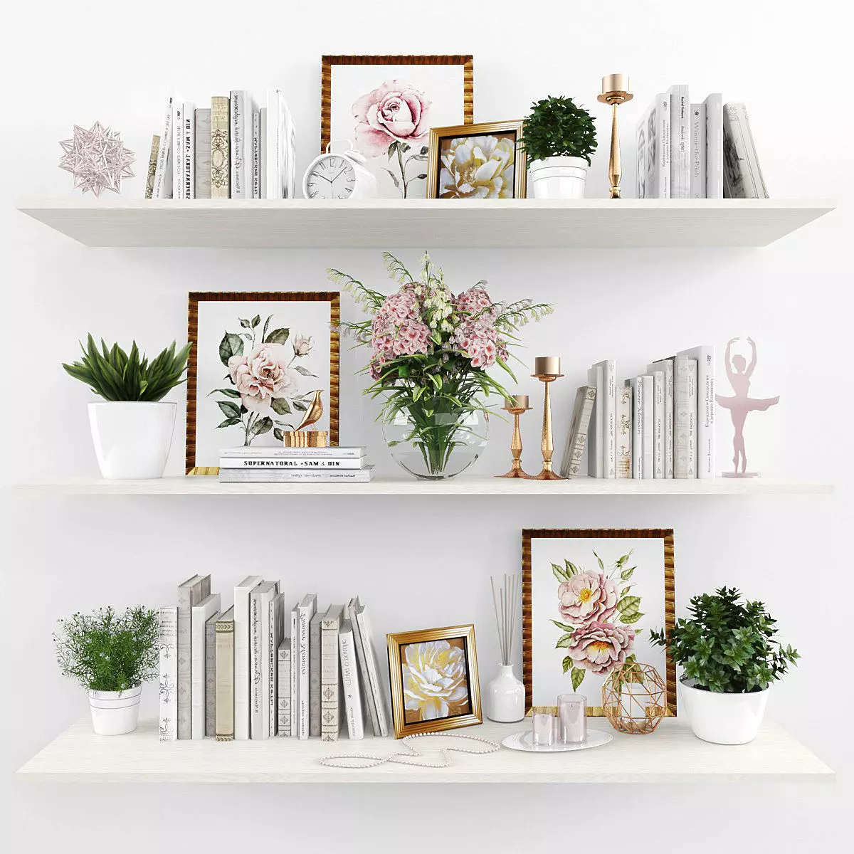 Decorative set shelf with books and flowers Low-poly 3D model_0