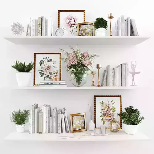 Decorative set shelf with books and flowers Low-poly 3D model