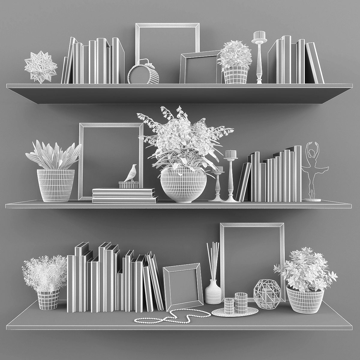 Decorative set shelf with books and flowers Low-poly 3D model_2