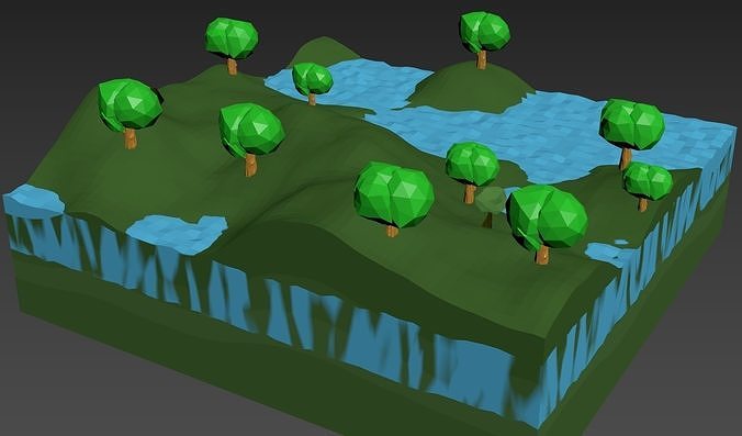 Mountain island with trees and water Low-poly 3D model