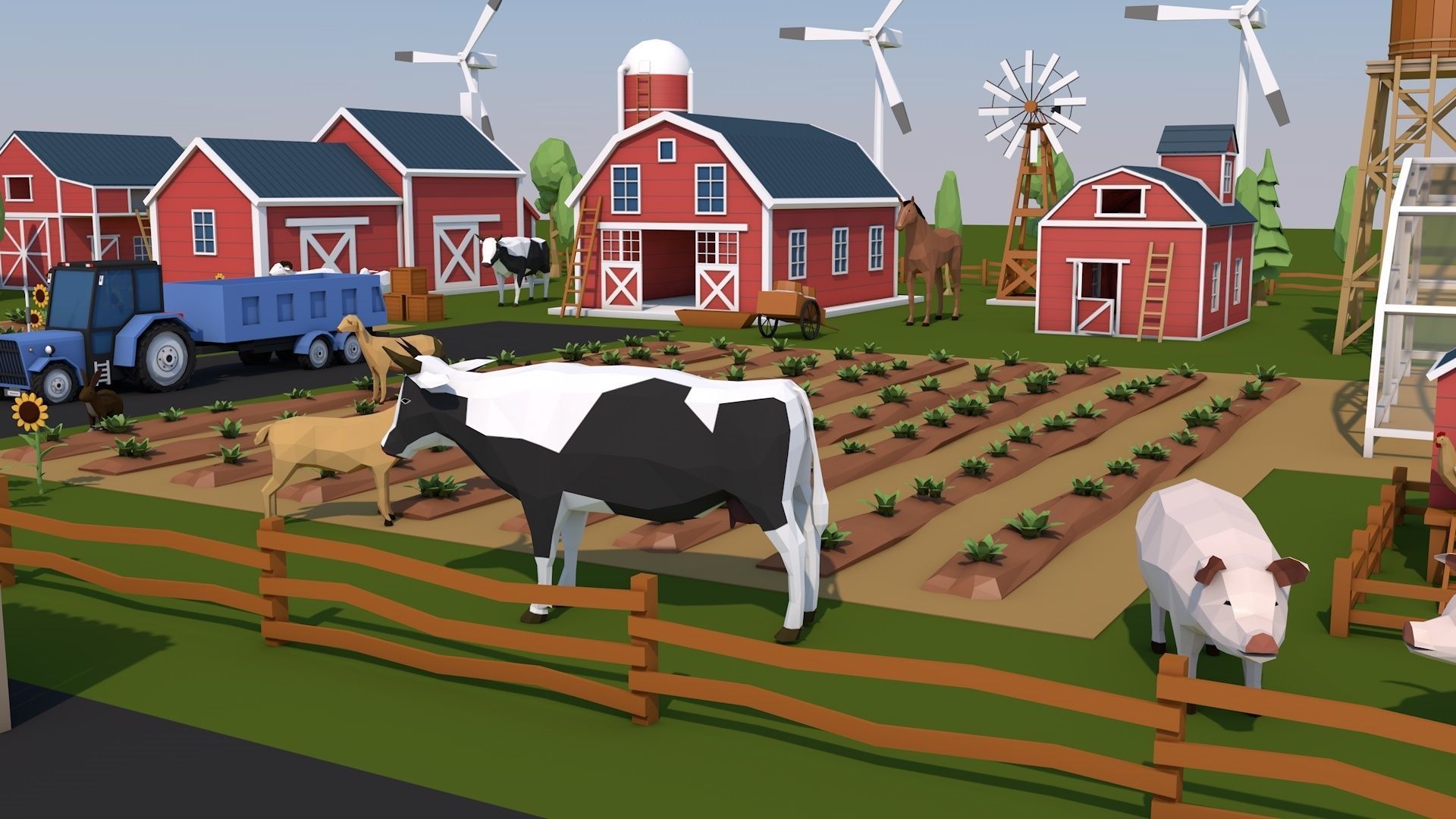 Low Poly Farm House and Animals Pack Low-poly 3D model_4