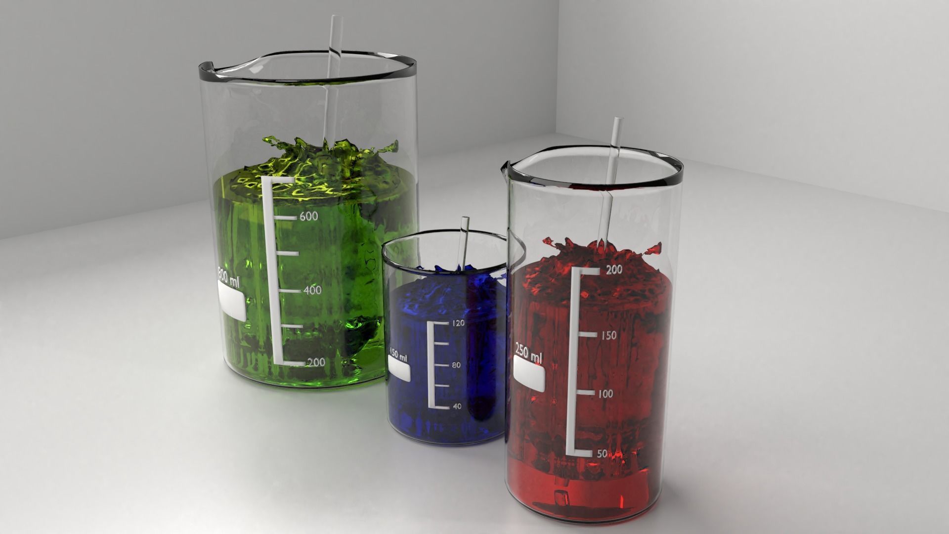 150ml  250ml and 800ml Glass Beaker with Liquid and Rod 3D model_1