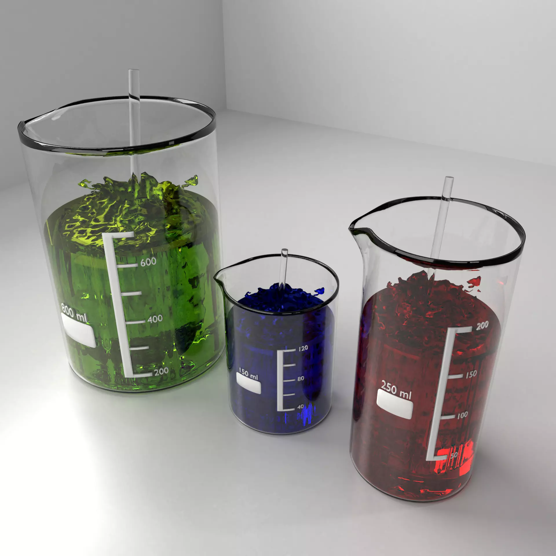 150ml  250ml and 800ml Glass Beaker with Liquid and Rod 3D model_0