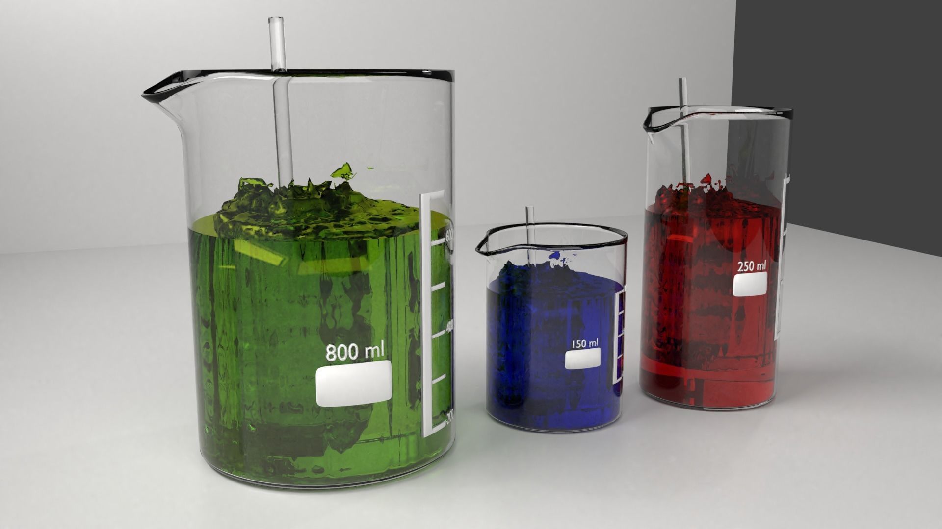 150ml  250ml and 800ml Glass Beaker with Liquid and Rod 3D model_2