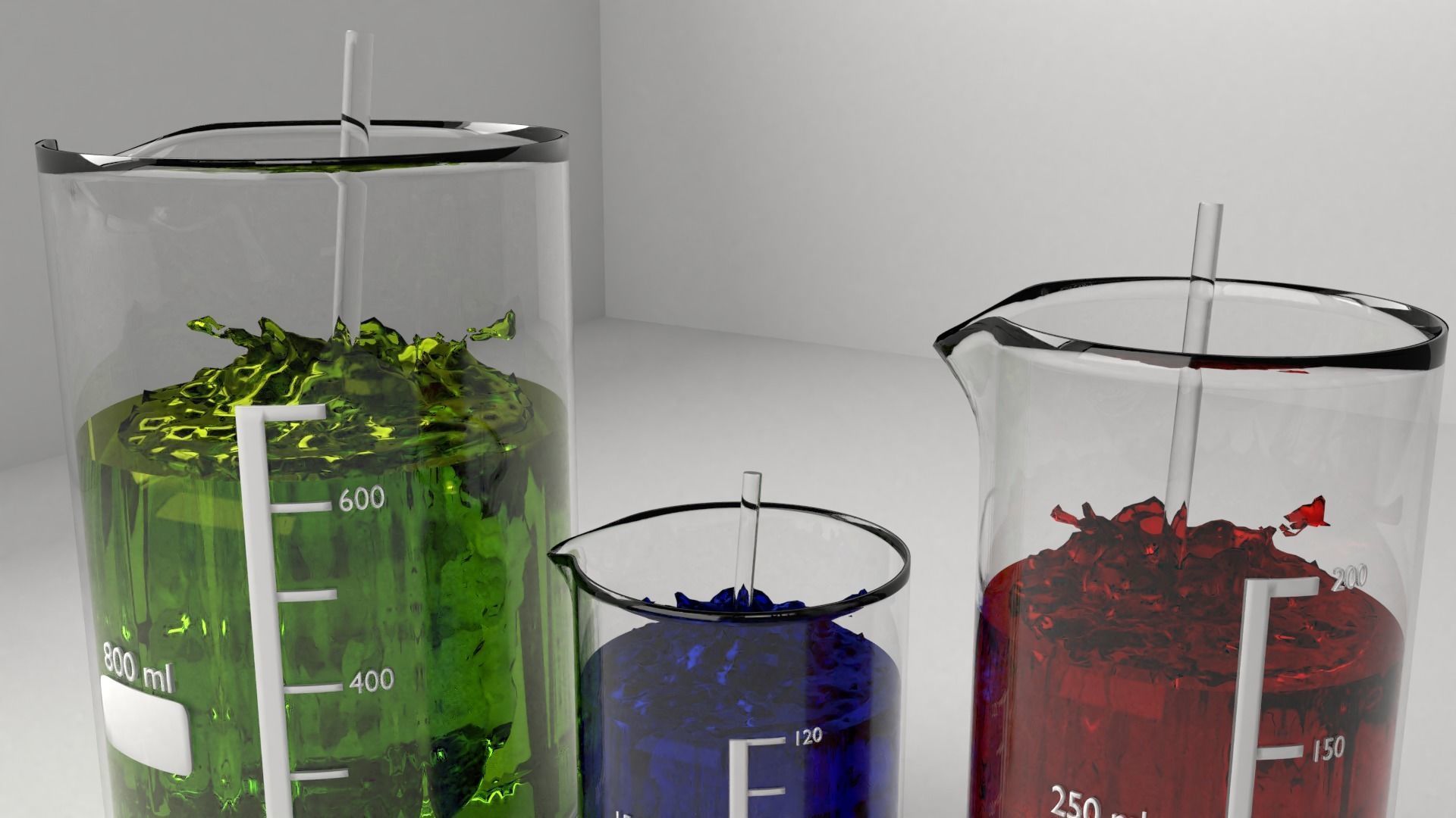 150ml  250ml and 800ml Glass Beaker with Liquid and Rod 3D model_5