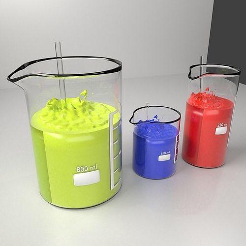 150ml 250ml and 800ml Glass Beaker with Liquid 2 and Rod 3D model