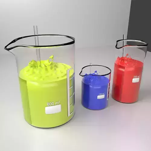 150ml 250ml and 800ml Glass Beaker with Liquid 2 and Rod 3D model