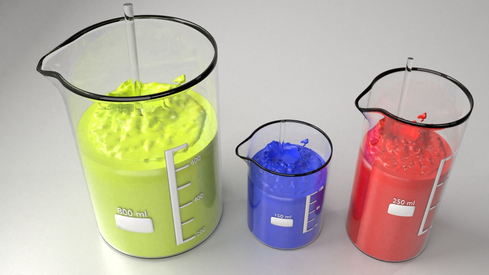 150ml 250ml and 800ml Glass Beaker with Liquid 2 and Rod 3D model_2