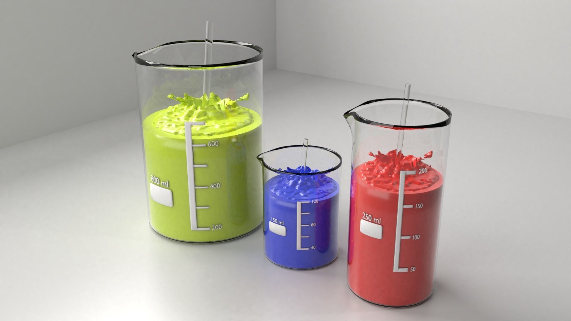150ml 250ml and 800ml Glass Beaker with Liquid 2 and Rod 3D model_1