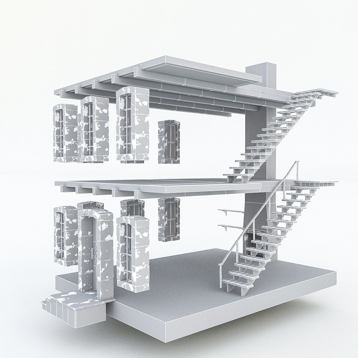 Old Stone Building nterior and Exterior Low-poly 3D model_10