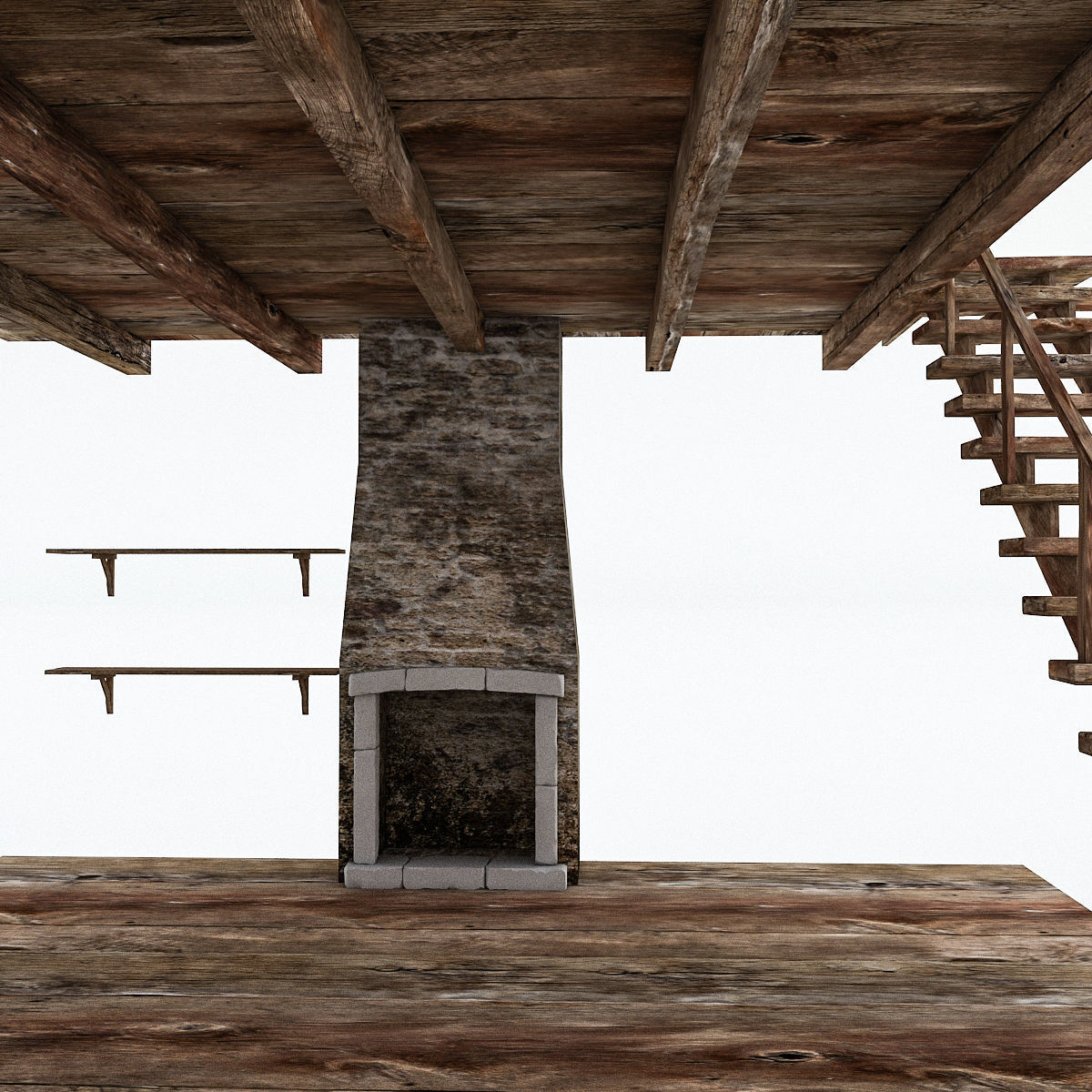 Old Stone Building nterior and Exterior Low-poly 3D model_11