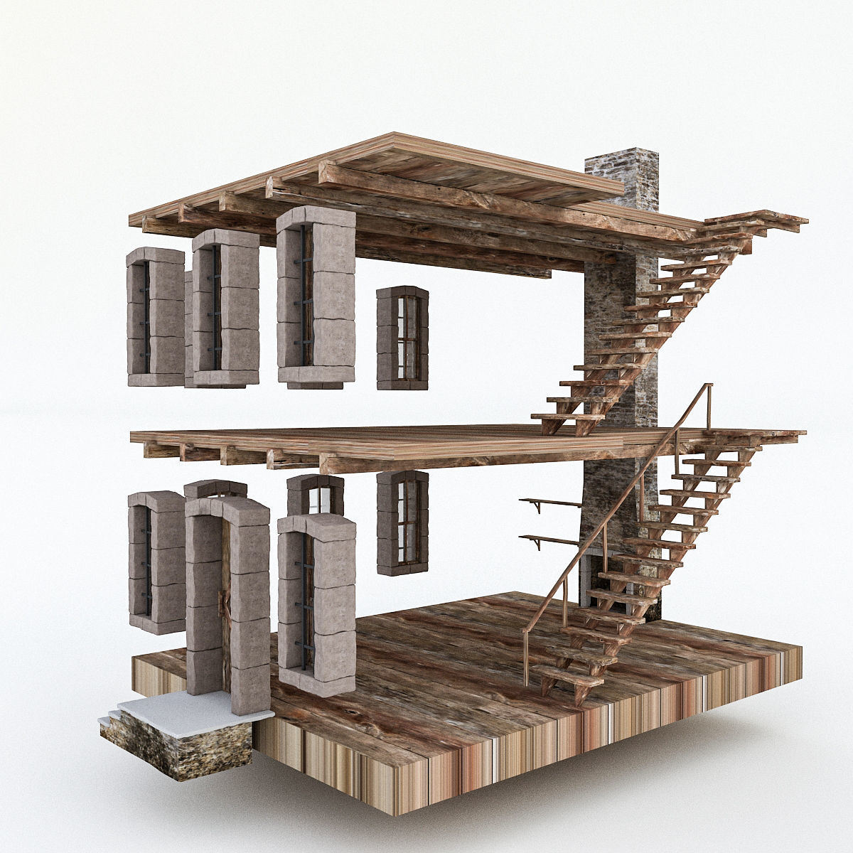 Old Stone Building nterior and Exterior Low-poly 3D model_9