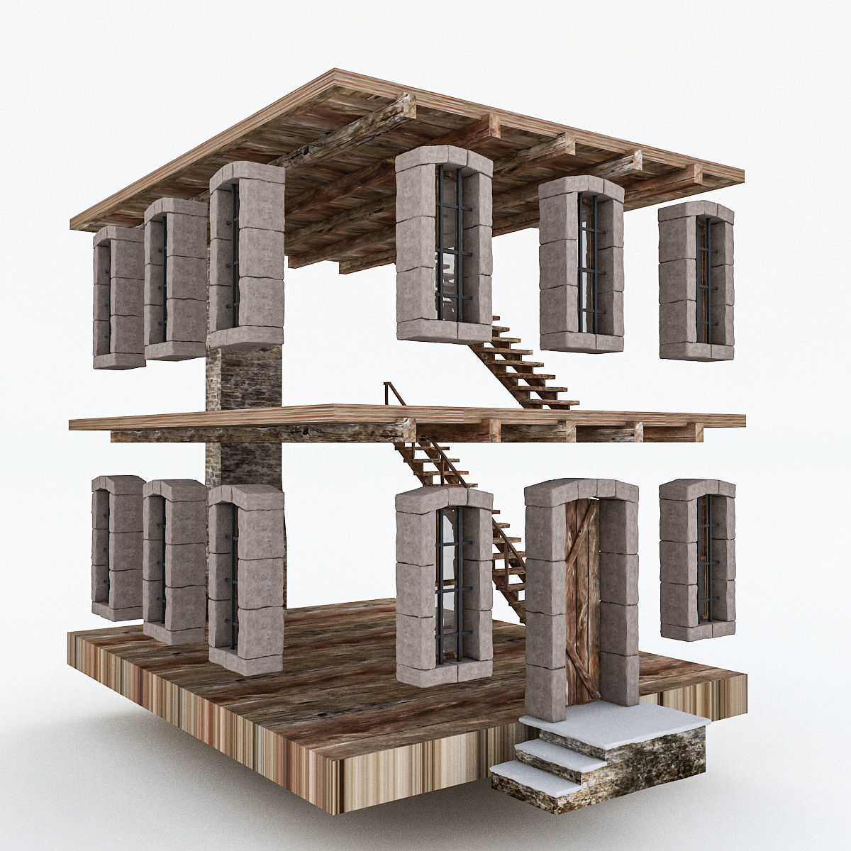 Old Stone Building nterior and Exterior Low-poly 3D model_7