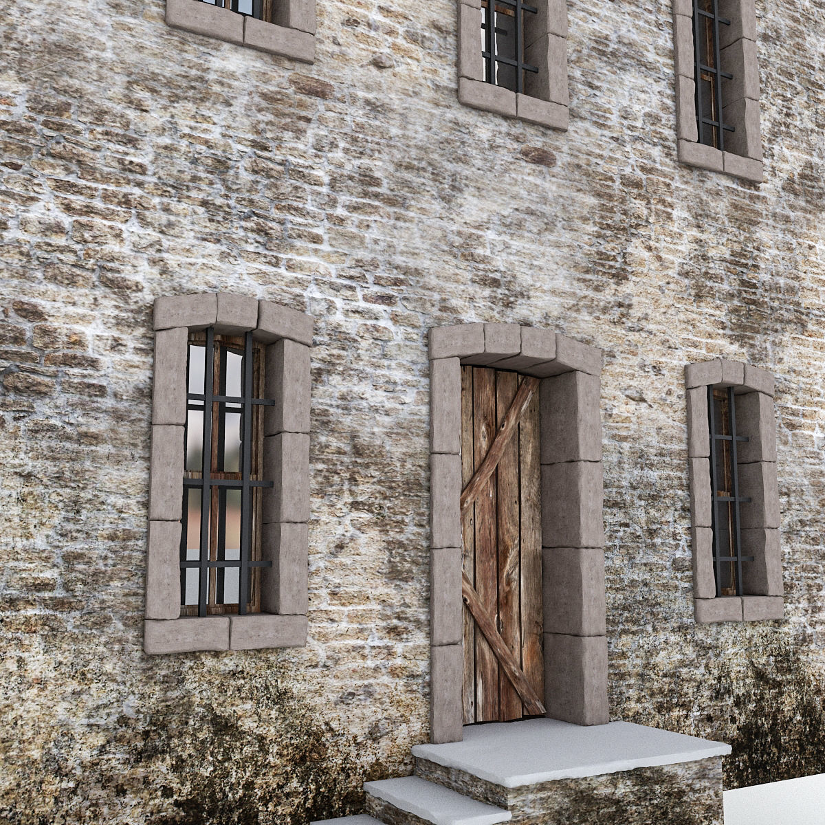 Old Stone Building nterior and Exterior Low-poly 3D model_5