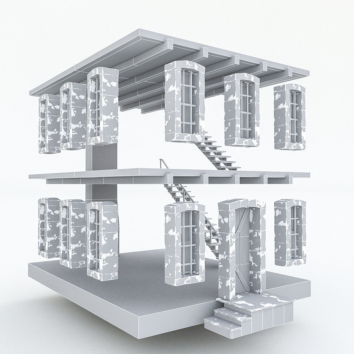 Old Stone Building nterior and Exterior Low-poly 3D model_8