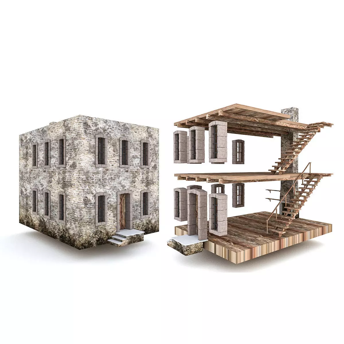 Old Stone Building nterior and Exterior Low-poly 3D model_0