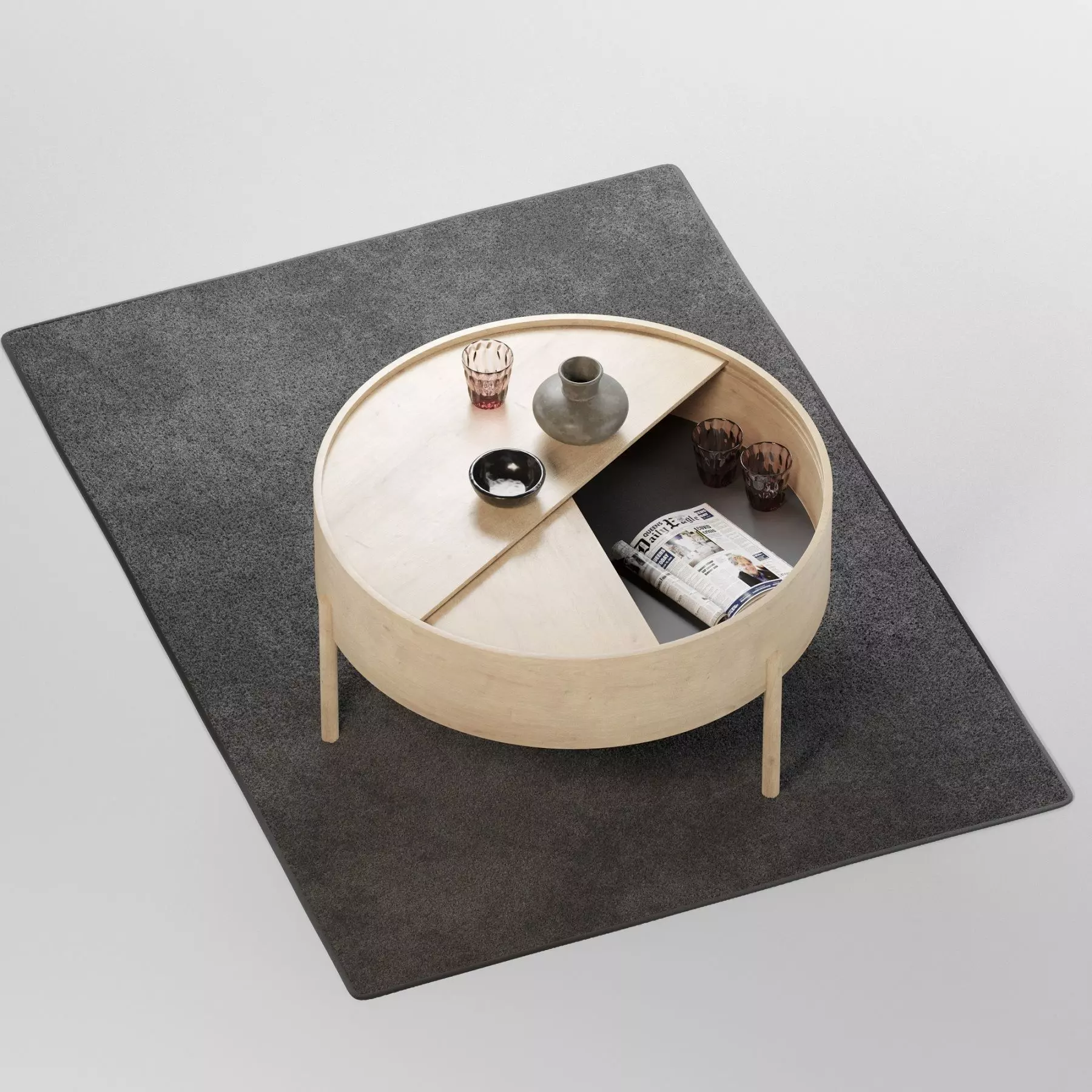 Round Coffee Table With Storage Unfinished Wood 3 Legs 3D model