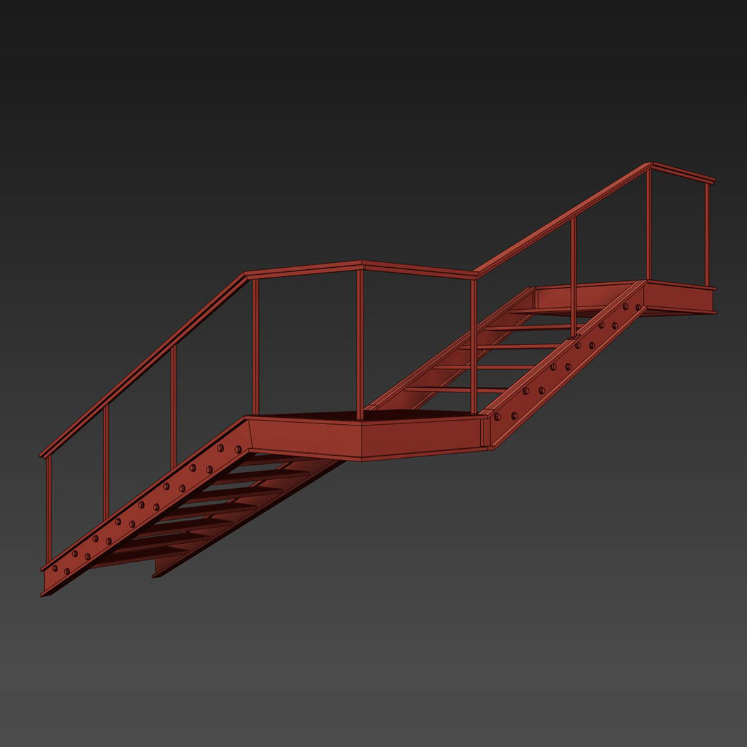 Metal stair with handrail Low-poly 3D model_2