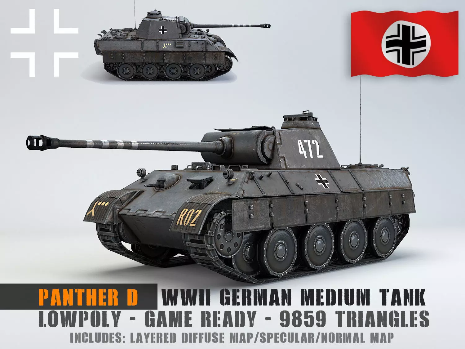 Low Poly Panzer V Panther D medium tank Low-poly 3D model_0