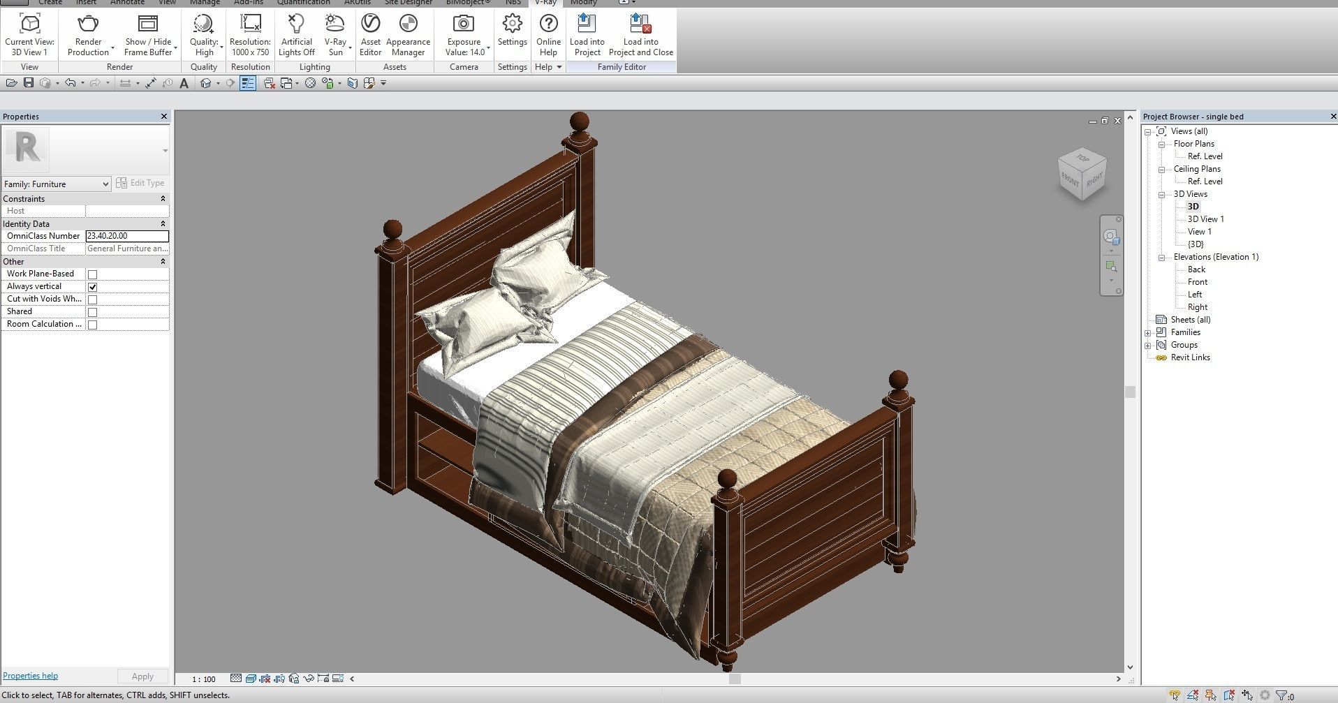 Revit single bed 1 3D model_1