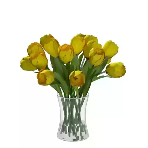 Bunch of yellow tulips in a glass vase