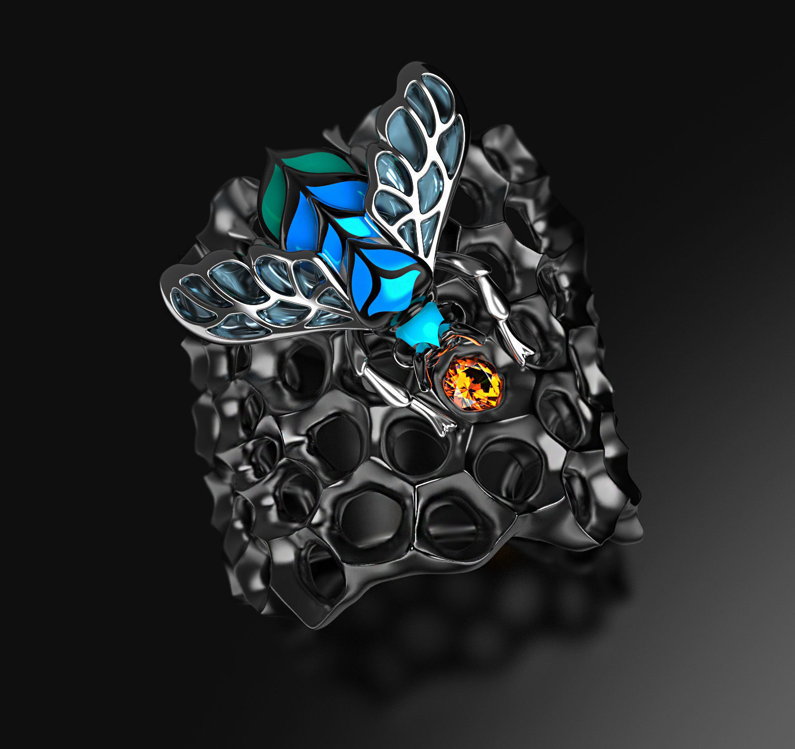 Blue Bee enamel ring 3D print model_0